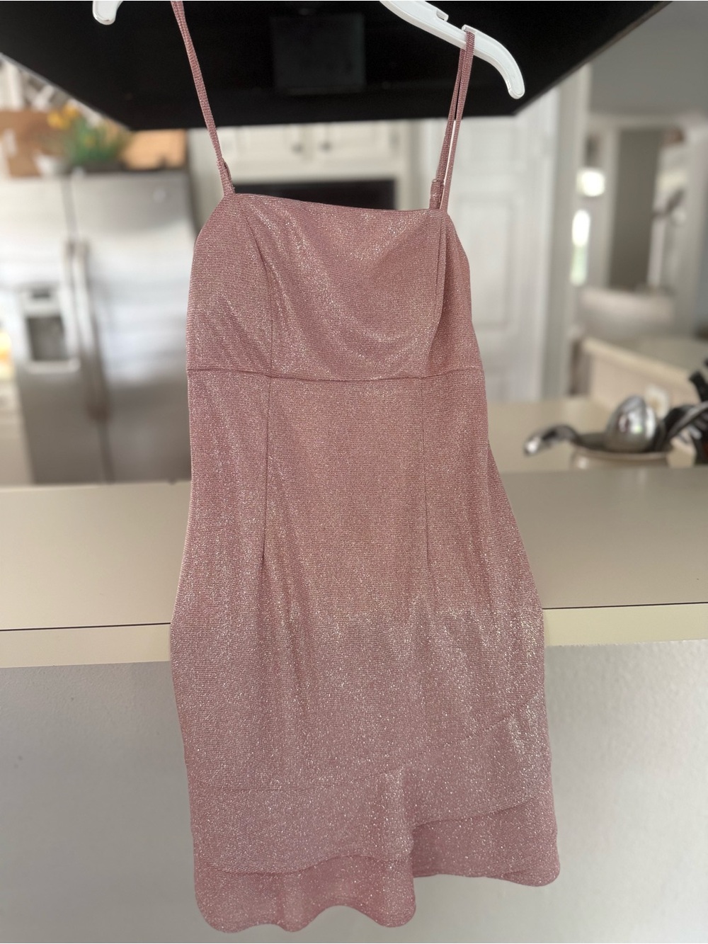 Shimmering Dusty Rose Mini Dress with Spaghetti Straps